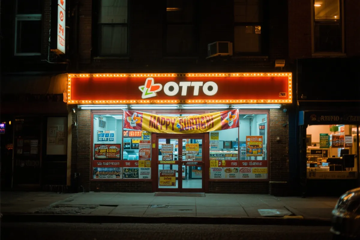 城市夜色中的彩票店外景，温暖灯光与横幅